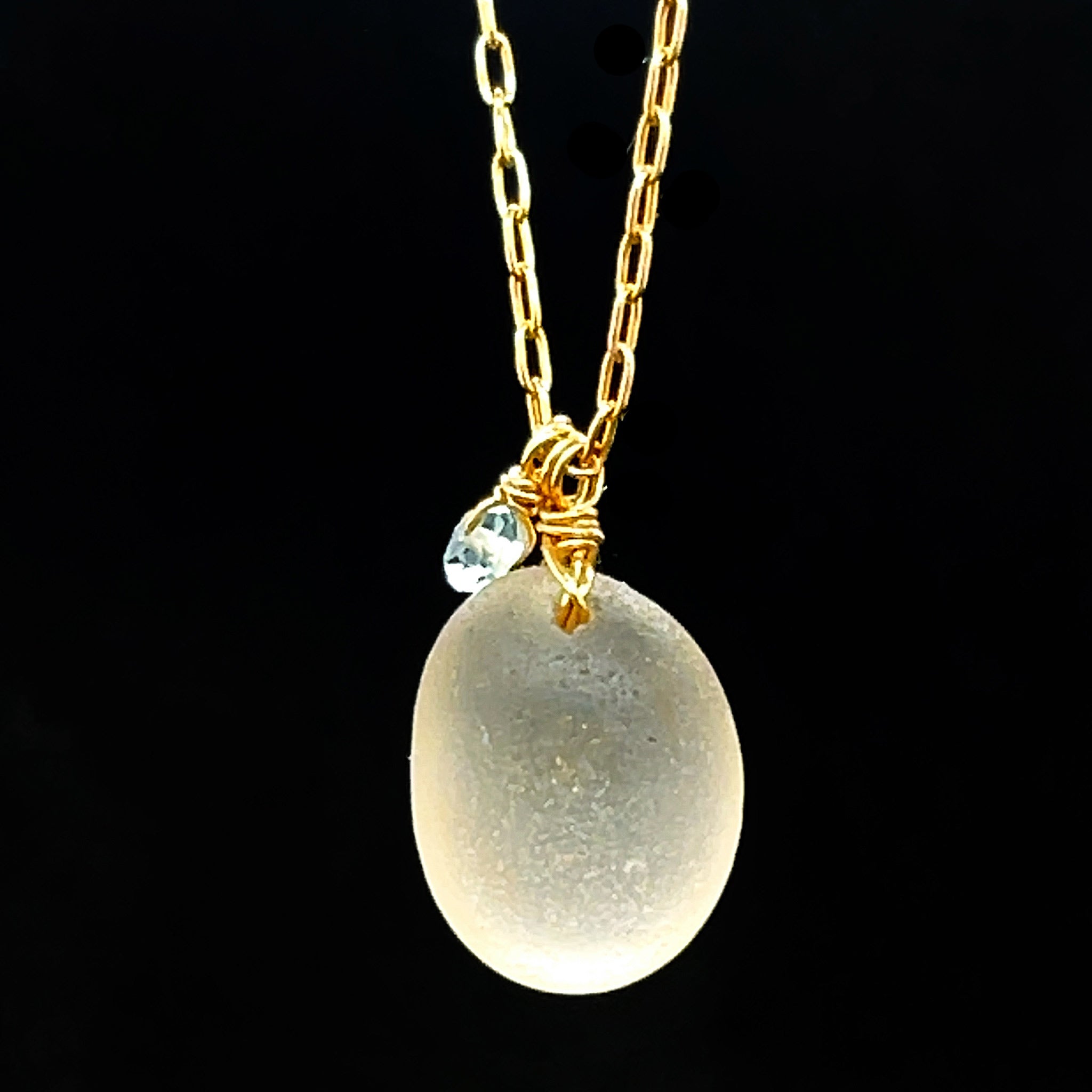 Minimalist Gold Necklace with Aquamarine Bead and Frosted Sea Glass Nugget