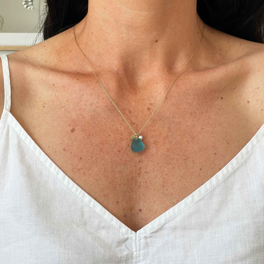 Turquoise Sea Glass and Pearl Gold Necklace