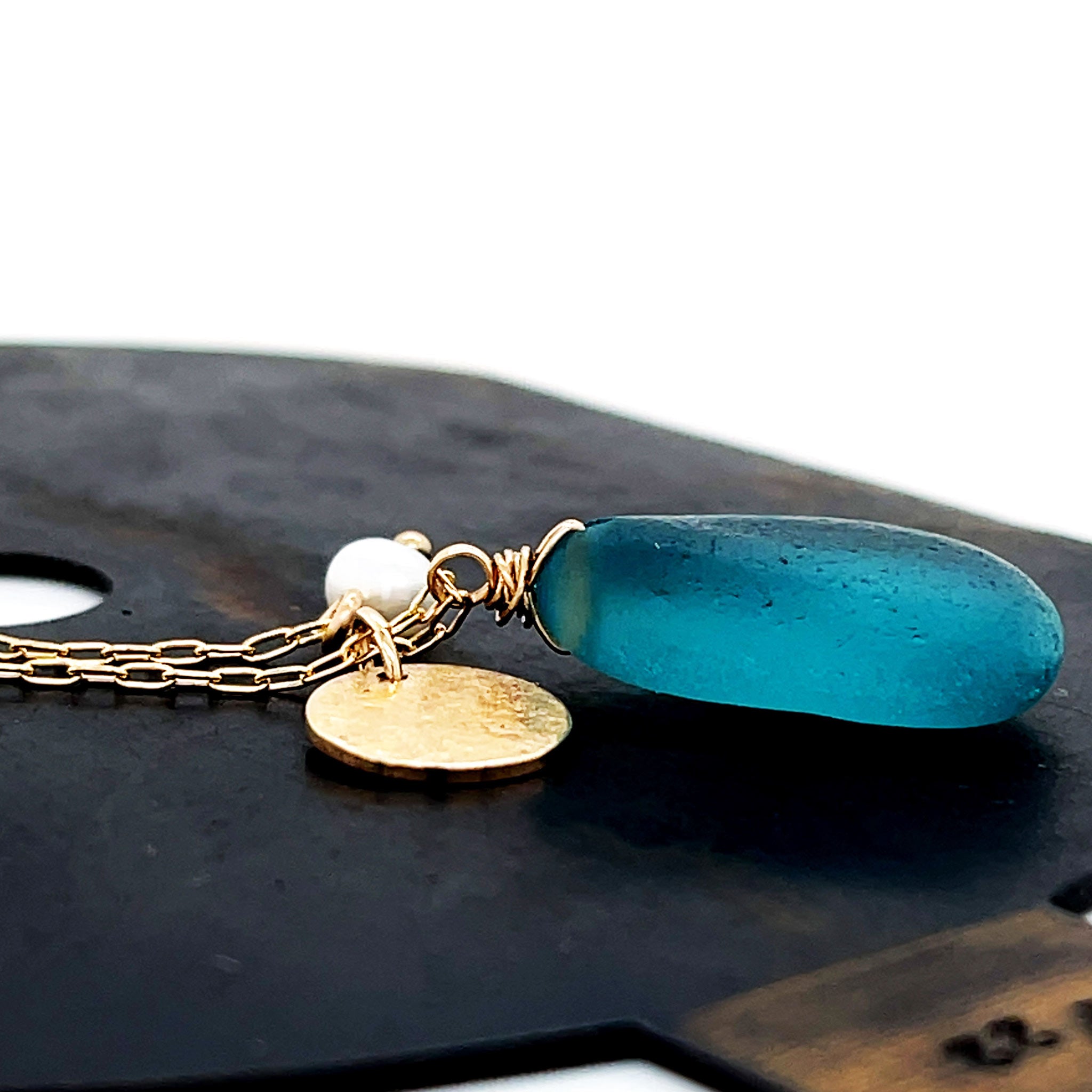 Turquoise &amp; Pearl Gold Disc Necklace - Sea Glass Necklace