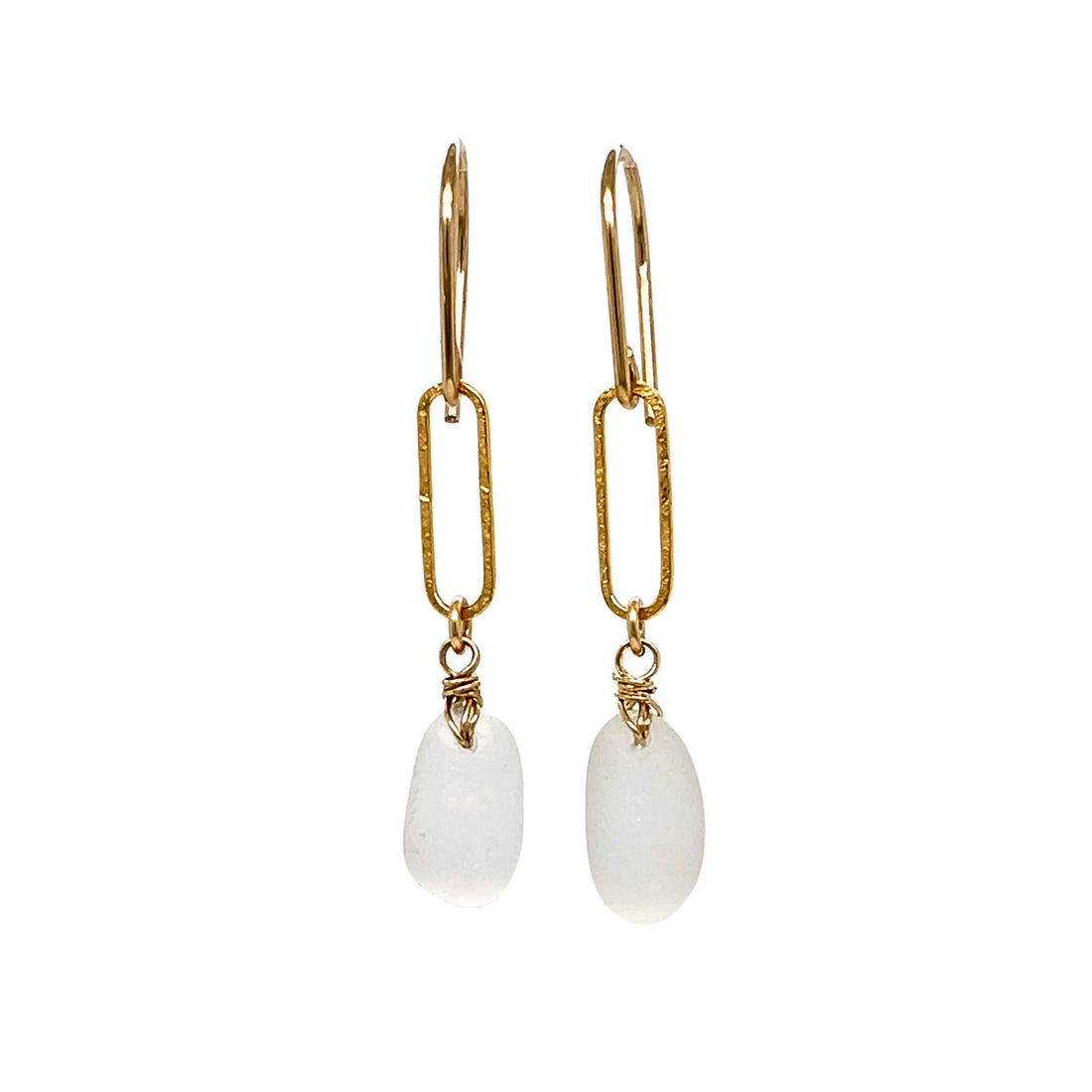Clear Sea Glass Paperclip Gold Earrings
