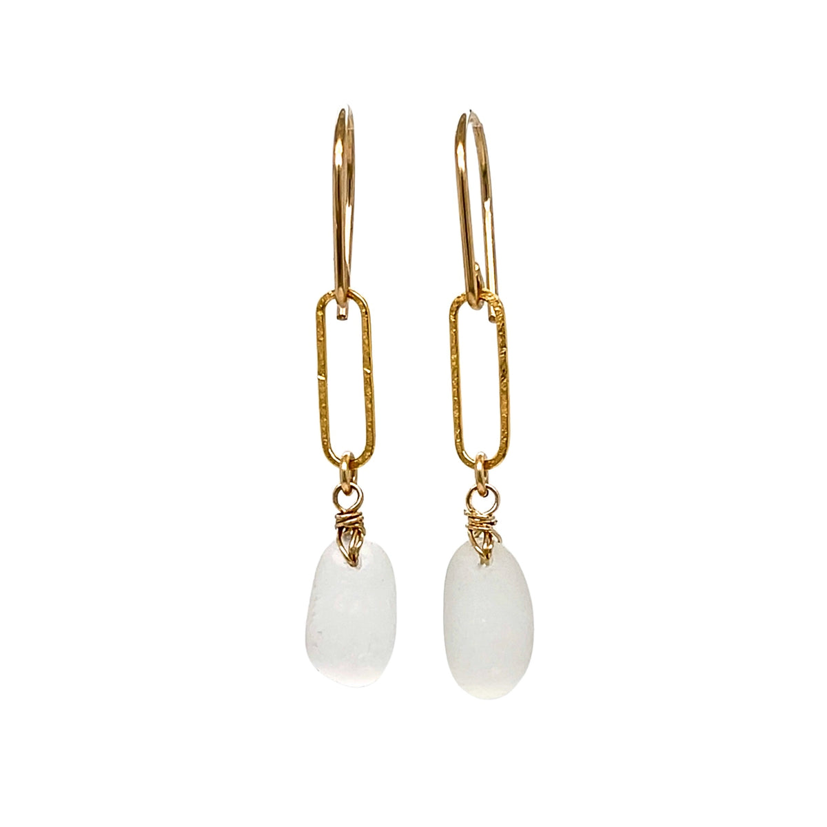 Clear Sea Glass Paperclip Gold Earrings