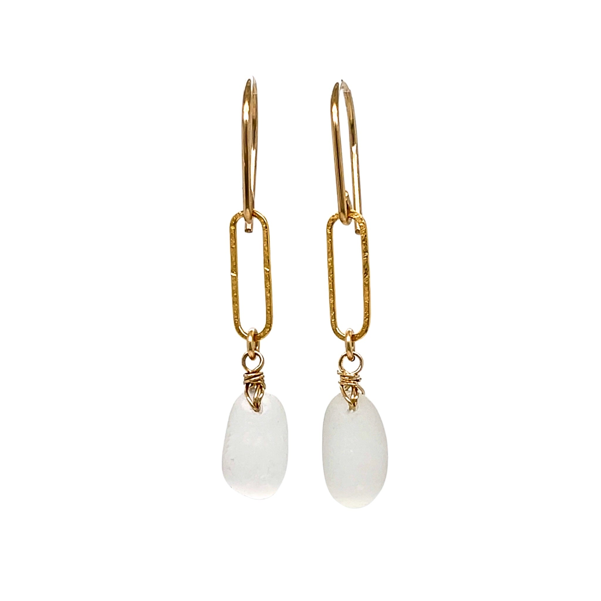Clear Sea Glass Paperclip Gold Earrings