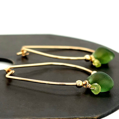 Bespoke Gold Hoops Featuring Green Sea Glass and Peridot Gems - Perfect Everyday Jewellery for a Pop of Color