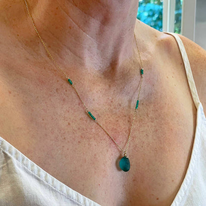 Green Onyx and Teal Sea Glass Paperclip chain Necklace