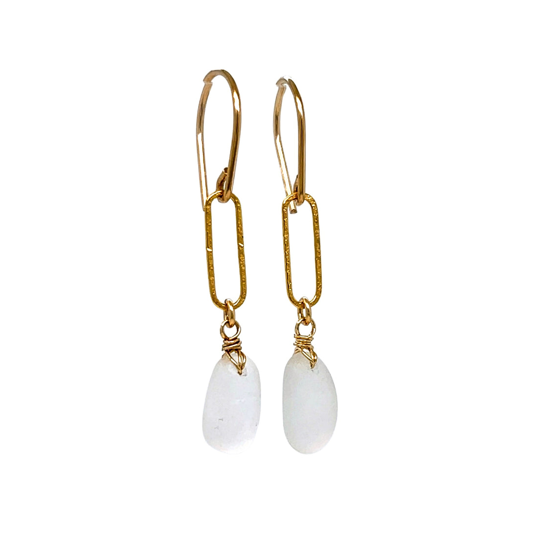 Clear Sea Glass Paperclip Gold Earrings
