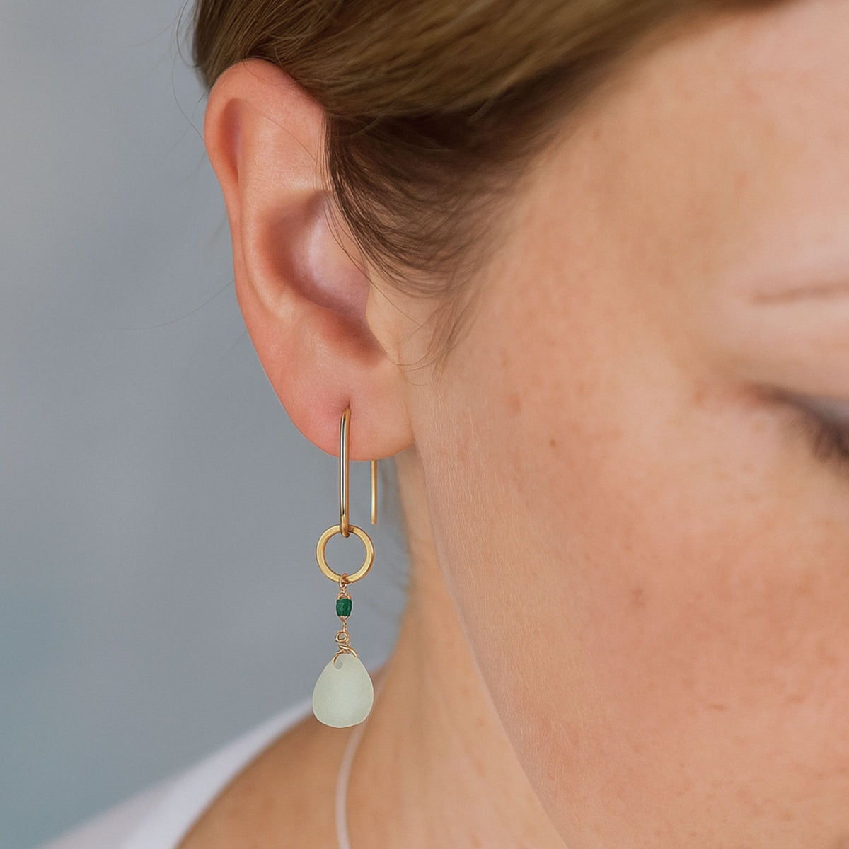 Seafoam Sea Glass, Onyx Gold Earrings