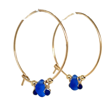 Hammered gold hoops with rare blue sea glass nuggets and hand-wrapped lapis lazuli beads