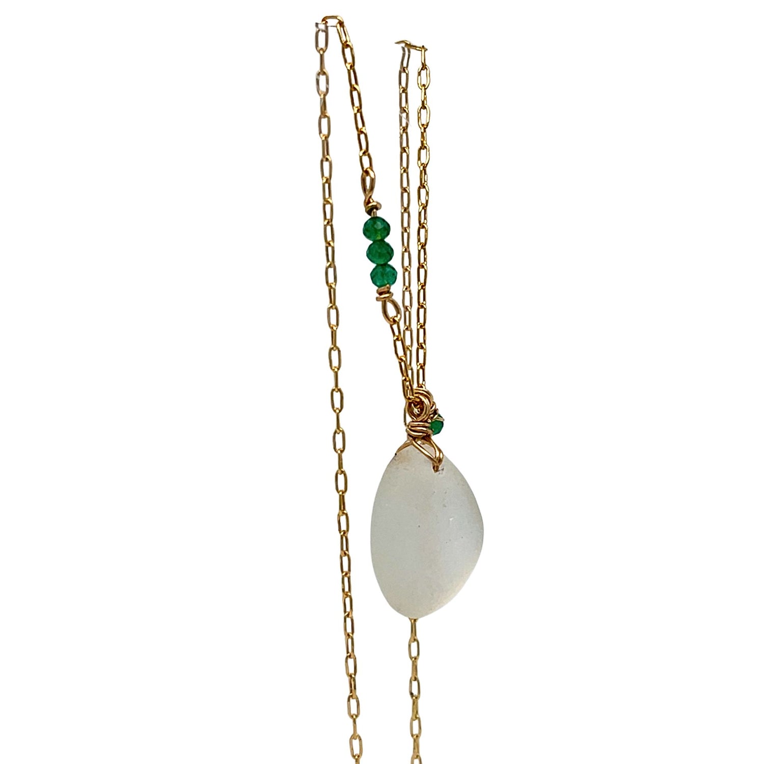 Clear Sea Glass Gold Necklace with Green Onyx
