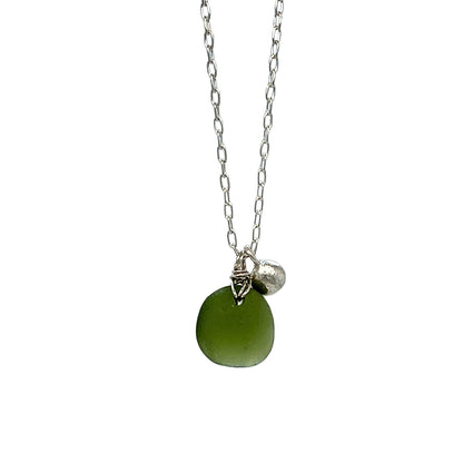 Green sea glass necklace with tiny silver nugget charm