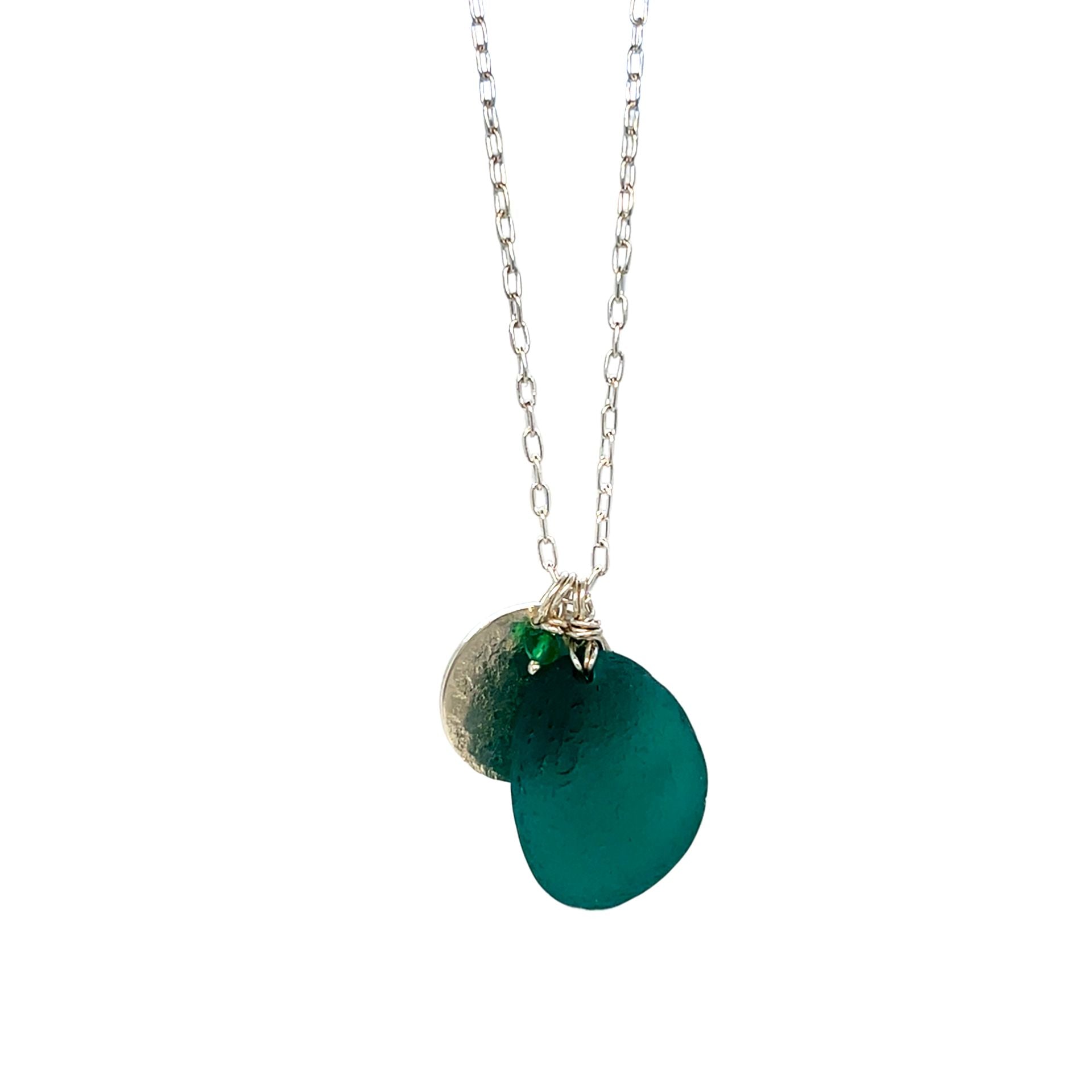 Teal Sea Glass Green Onyx &amp; Disc Silver Necklace