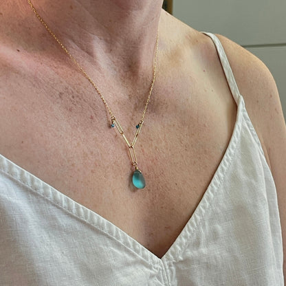 Gold Paperclip Chain Necklace with Turquoise Sea Glass and Apatites