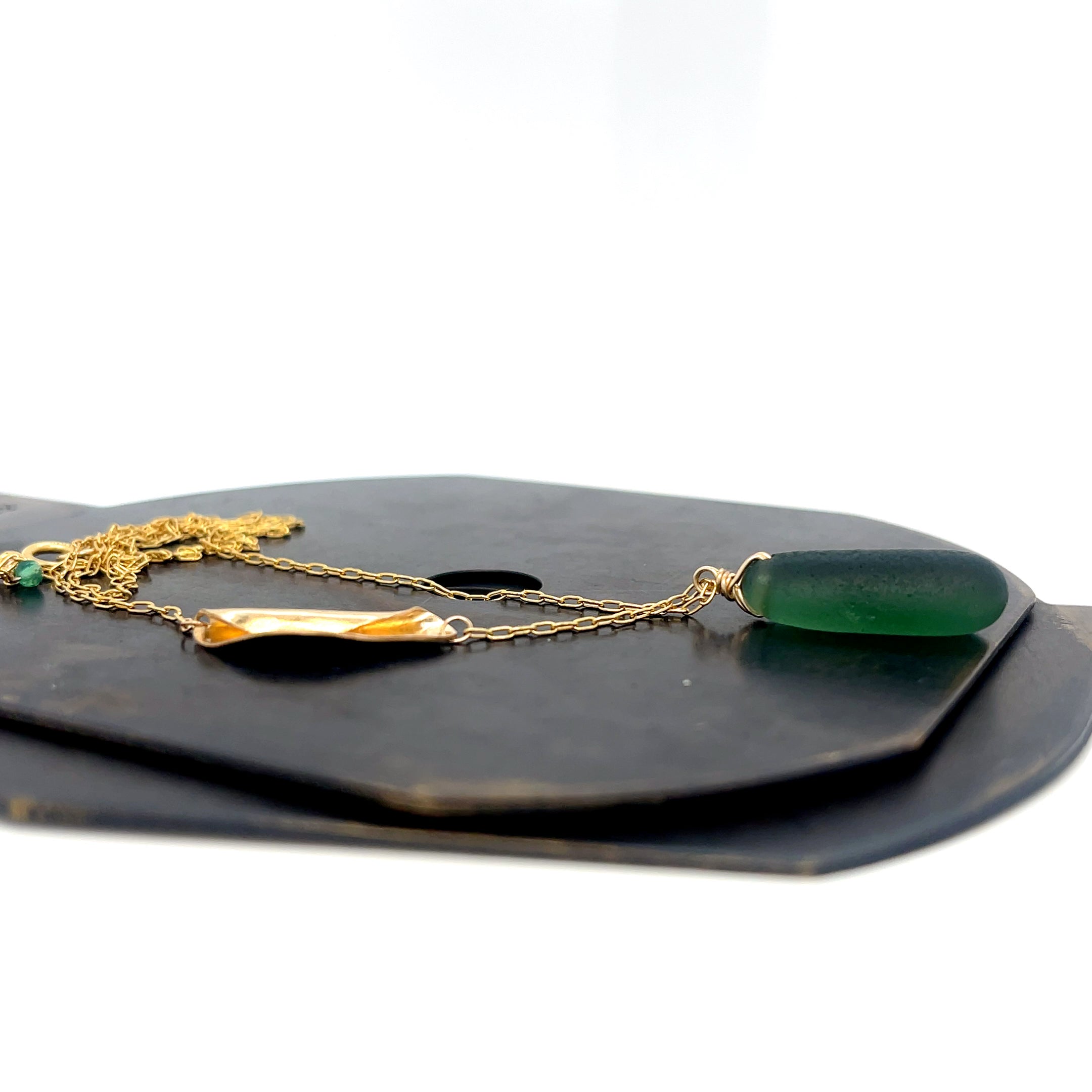 Green Sea Glass Gold Necklace With Folded Leaf Charm
