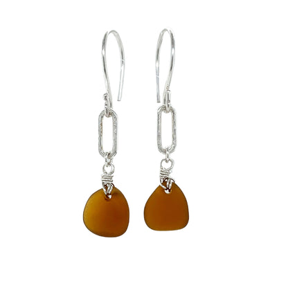 Amber Sea Glass Silver Paperclip Earrings