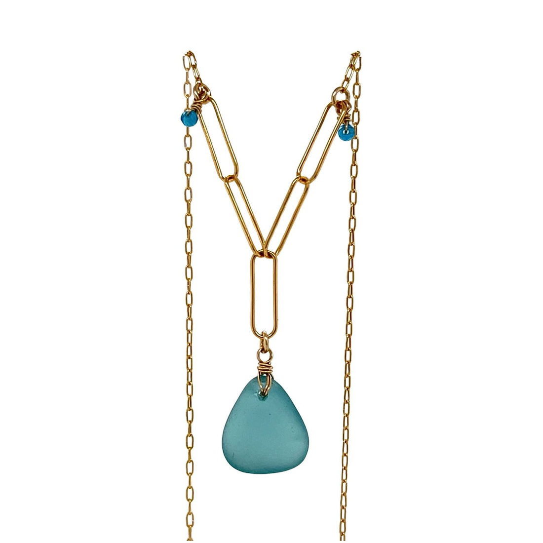 Gold paperclip chain necklace with turquoise sea glass pendant