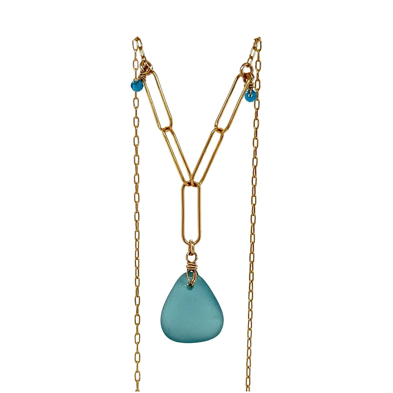 Gold paperclip chain necklace with turquoise sea glass pendant