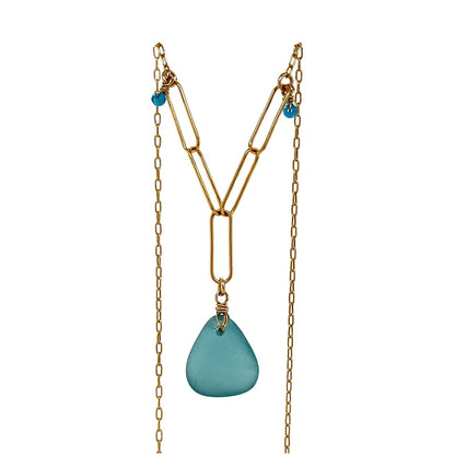 Gold paperclip chain necklace with turquoise sea glass pendant