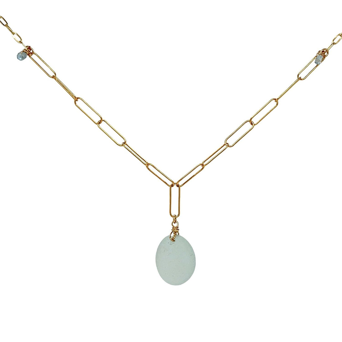 Seafoam sea glass gold paperclip chain necklace on white background