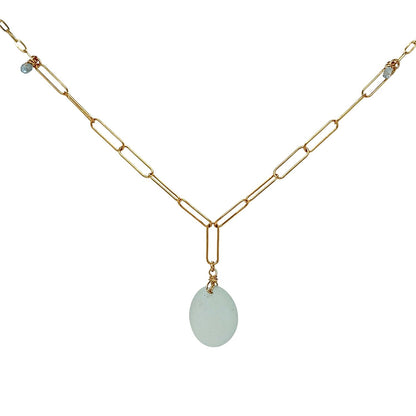 Seafoam sea glass gold paperclip chain necklace on white background