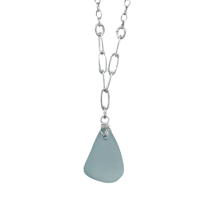 aqua lariat style silver necklace, sea glass necklace