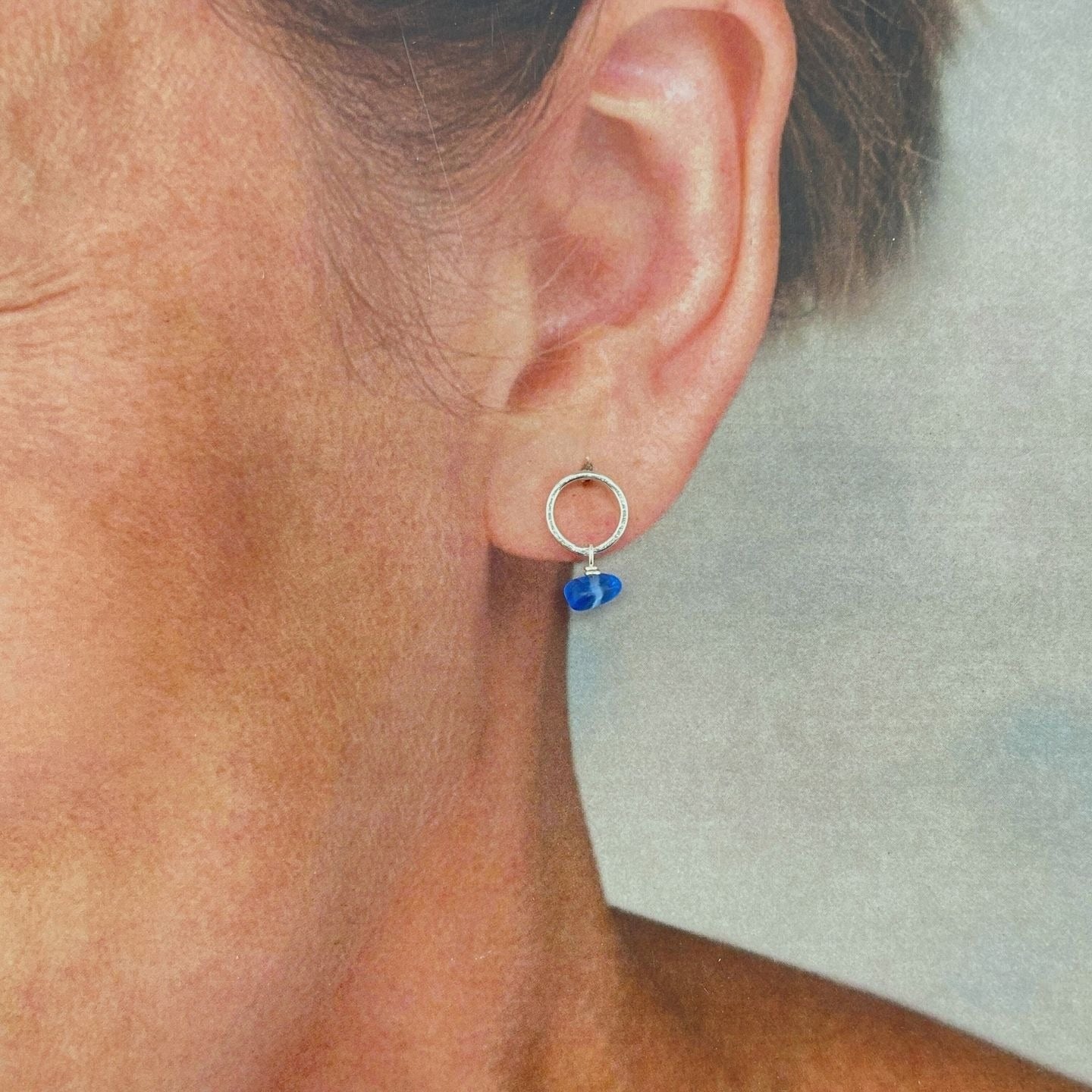 cobalt-blue sea glass drops and textured silver rings