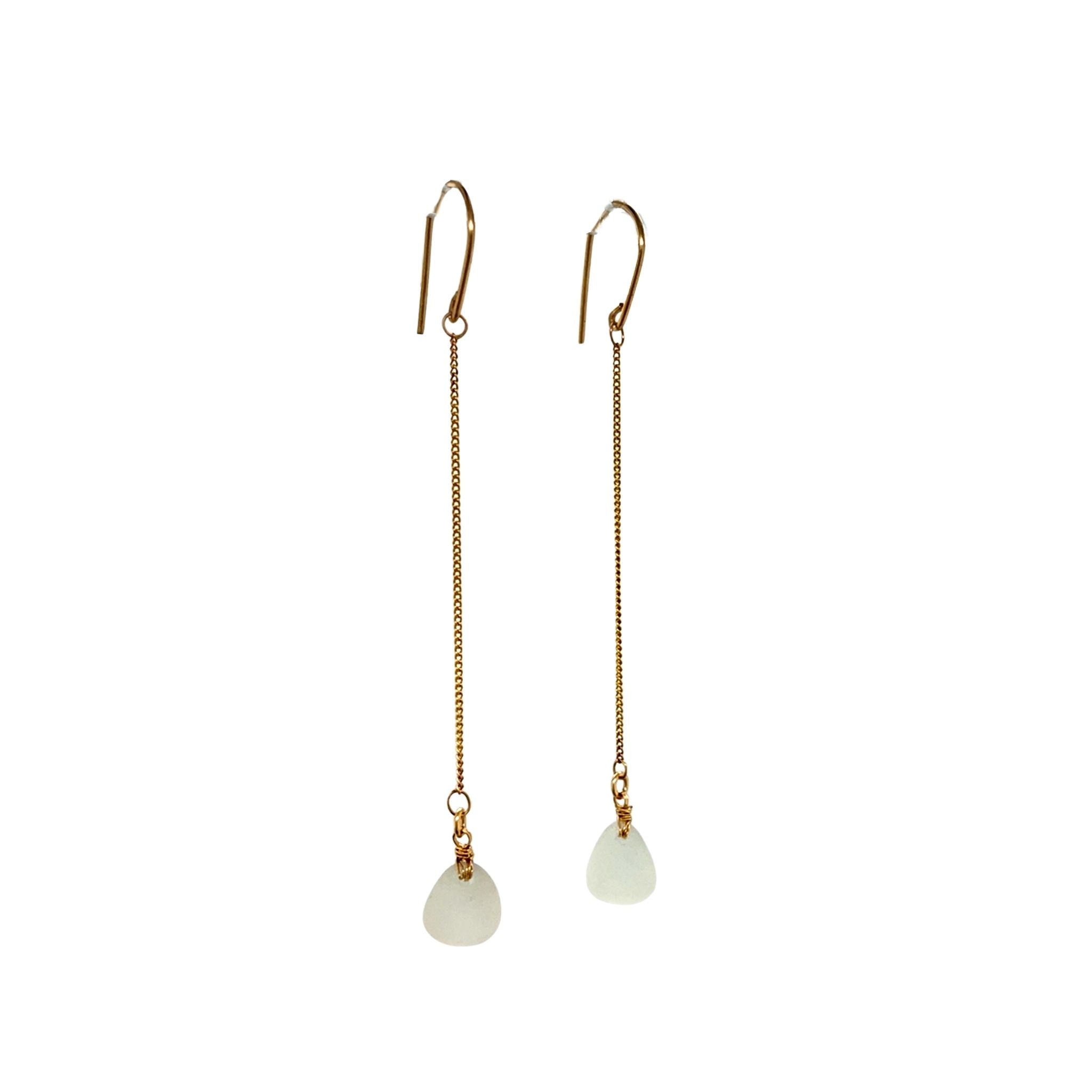 Clear Sea Glass Chain Gold Earrings