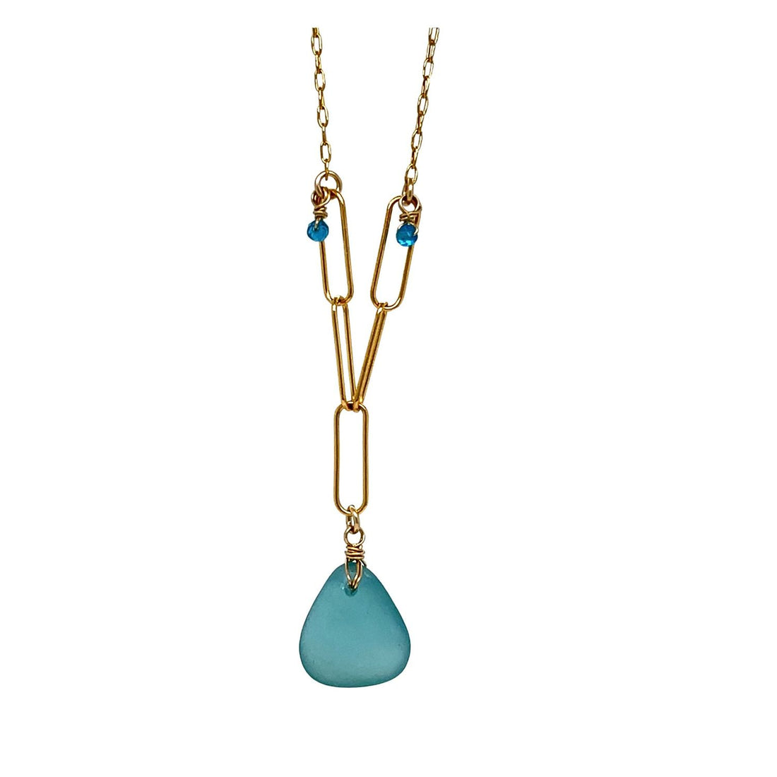Close-up of apatite beads joining feature and fine gold chains