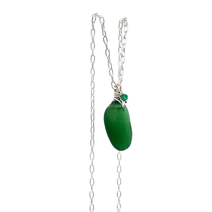 Emerald green sea glass necklace with green onyx bead