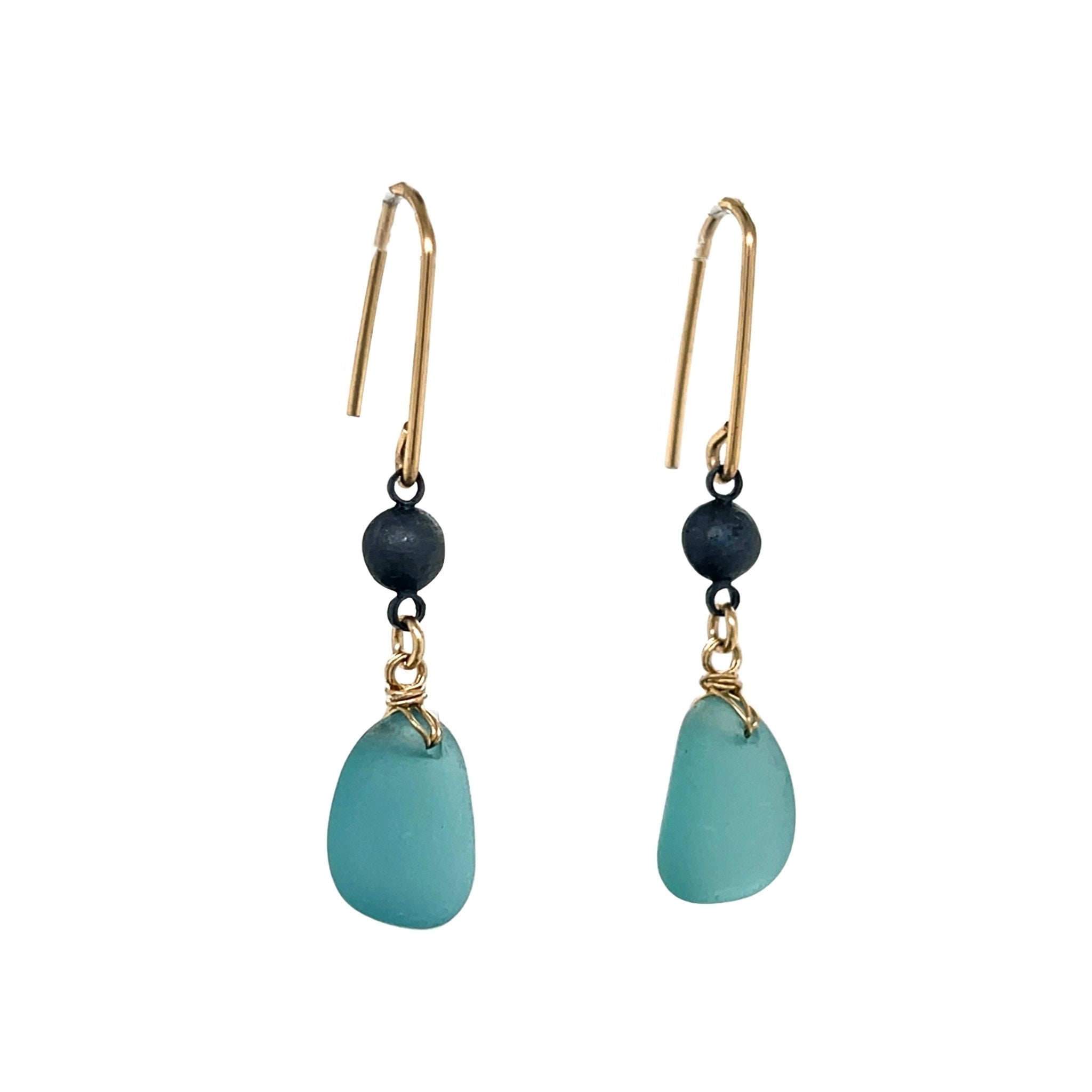 Turquoise sea glass chandelier earrings with oxidised silver and gold
