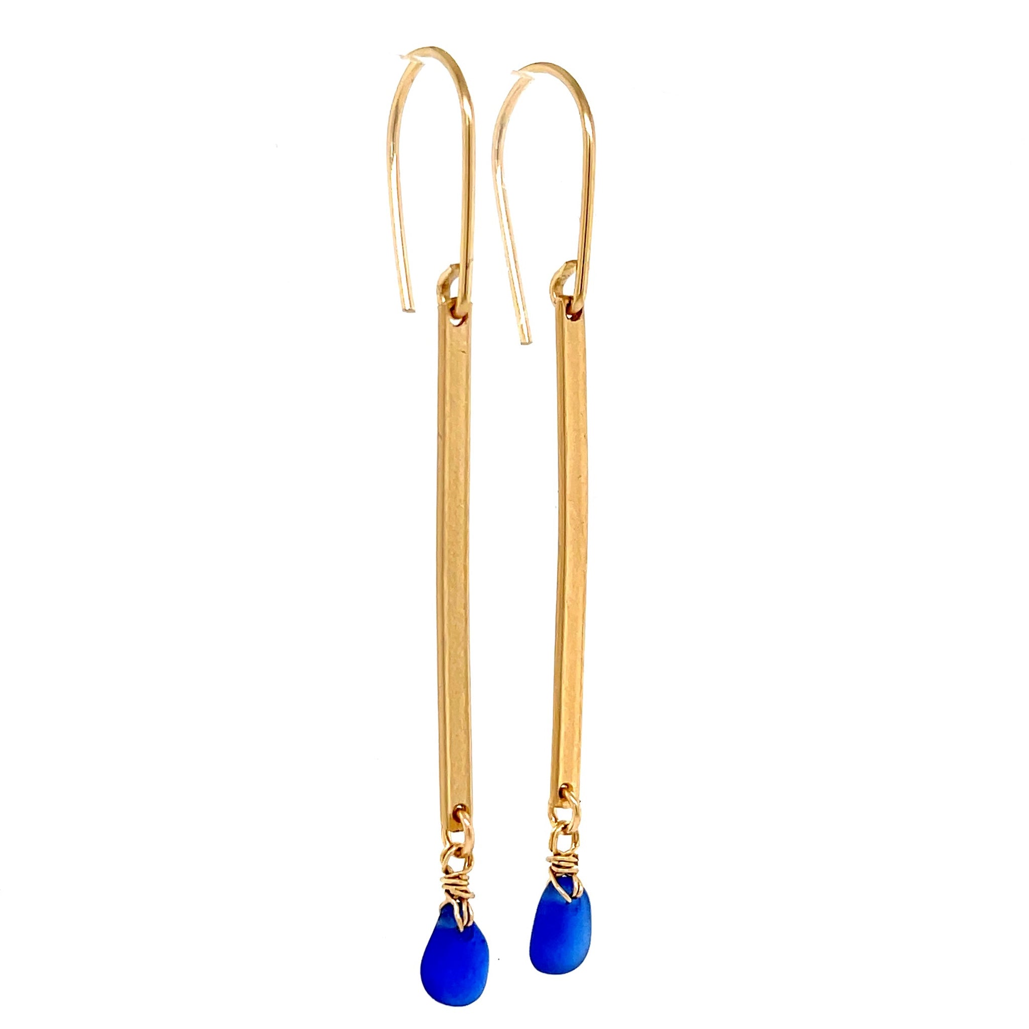 Gold Bar Drop Earrings - Blue Sea Glass Earrings.