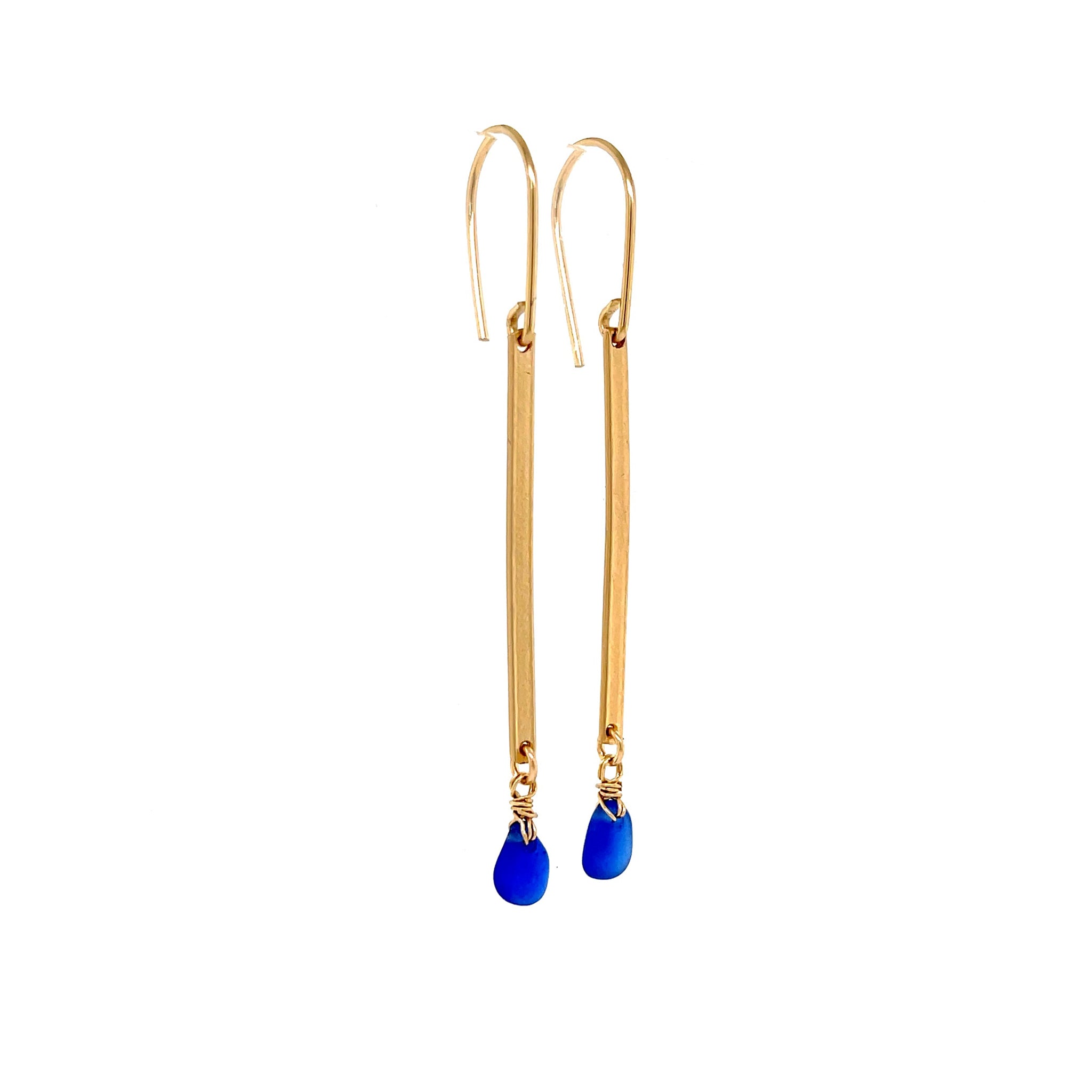 Blue Sea Glass Gold Bar Earrings