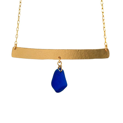 Gold Bar Necklace - Matte Hammered Blue Sea Glass Necklace