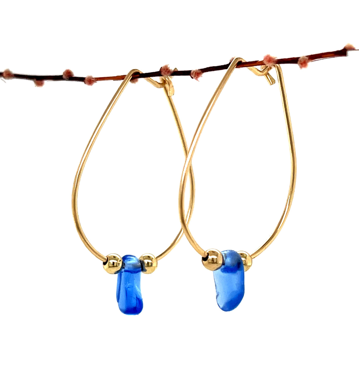 Blue Sea Glass Gold Hoop Earrings