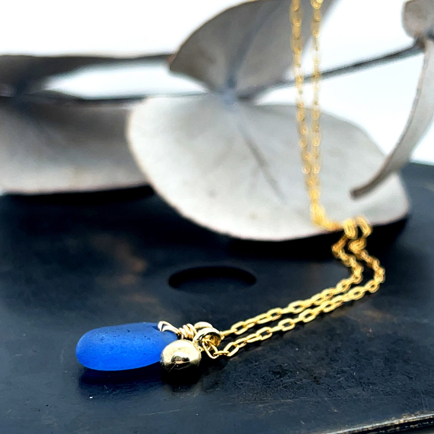 Blue Sea Glass Gold Nugget Necklace