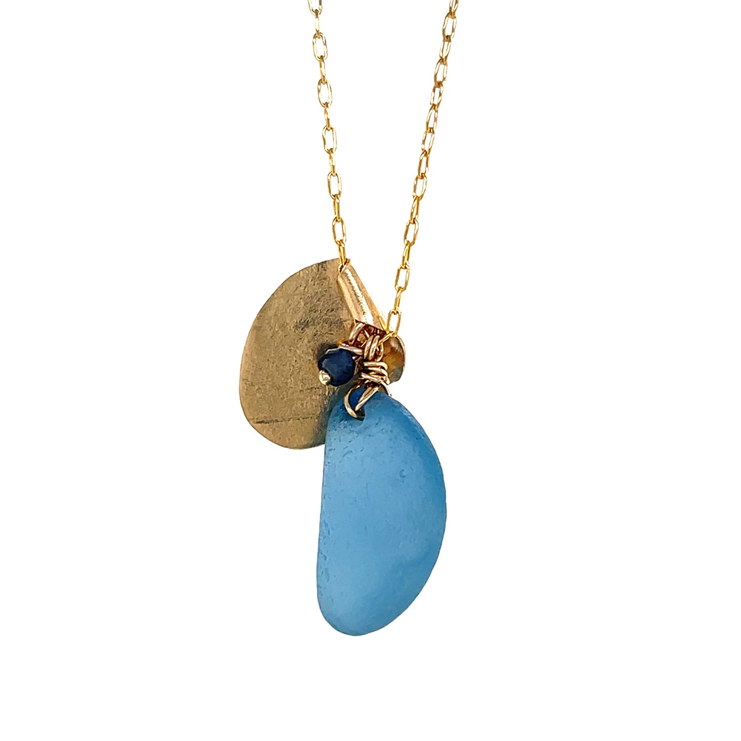 Denim Blue Sea Glass Gold Leaf Necklace