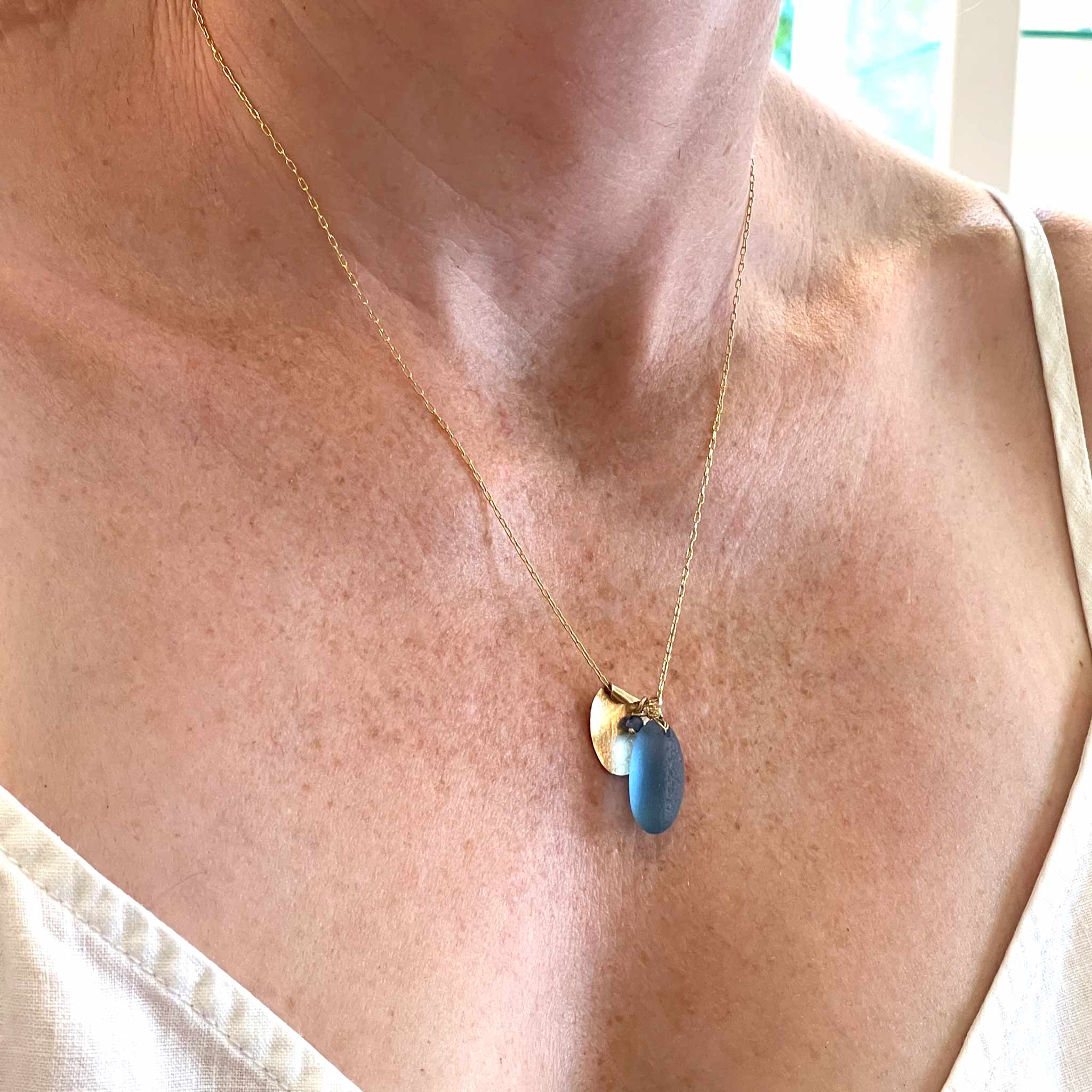 Denim Blue Sea Glass Gold Leaf Necklace