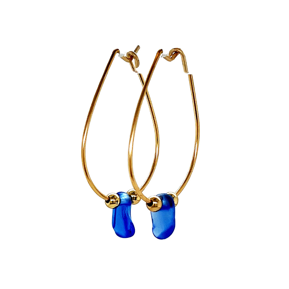 Blue Sea Glass Gold Hoop Earrings