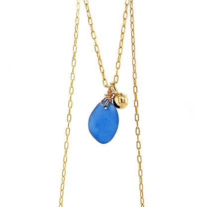 Blue Sea Glass Gold Nugget Necklace