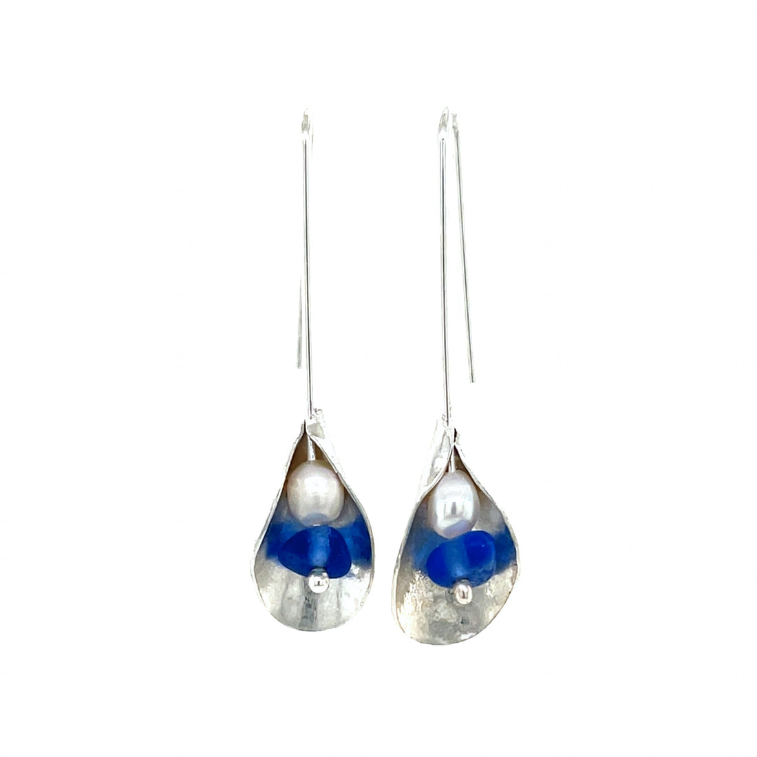 Blue Sea Glass &amp; Pearl Silver Drop Earrings