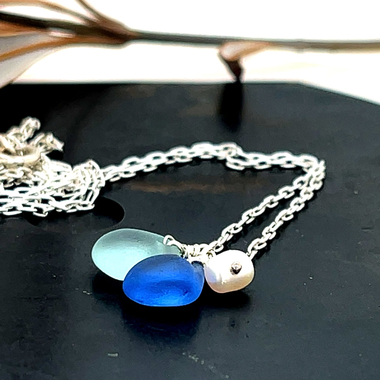 Mini Pearl, Turquoise &amp; Blue Sea Glass Silver Charm Necklace
