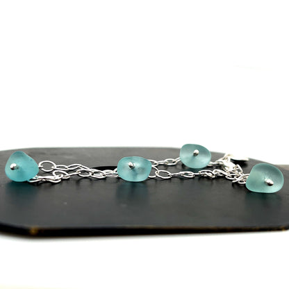 Aqua Silver Bracelet - Hand Made Sea Glass Bracelet - Silver Charm Bracelet