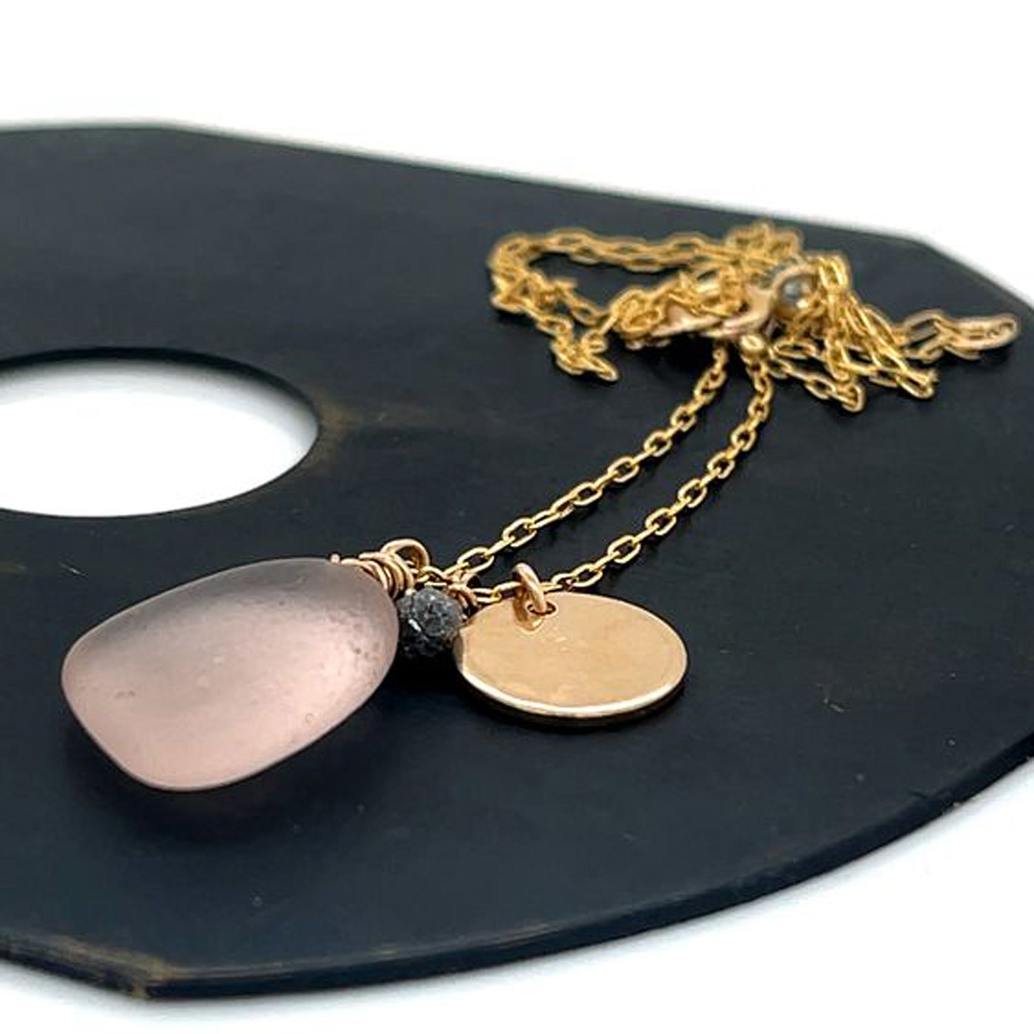 Gold Disc Necklace - Pink Sea Glass Necklace