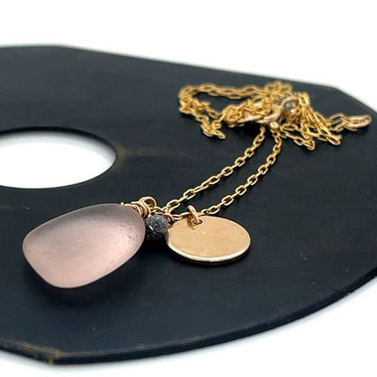 Gold Disc &amp; Diamond Necklace - Pink Gold Necklace - Handmade Sea Glass Necklace - Charm Necklace