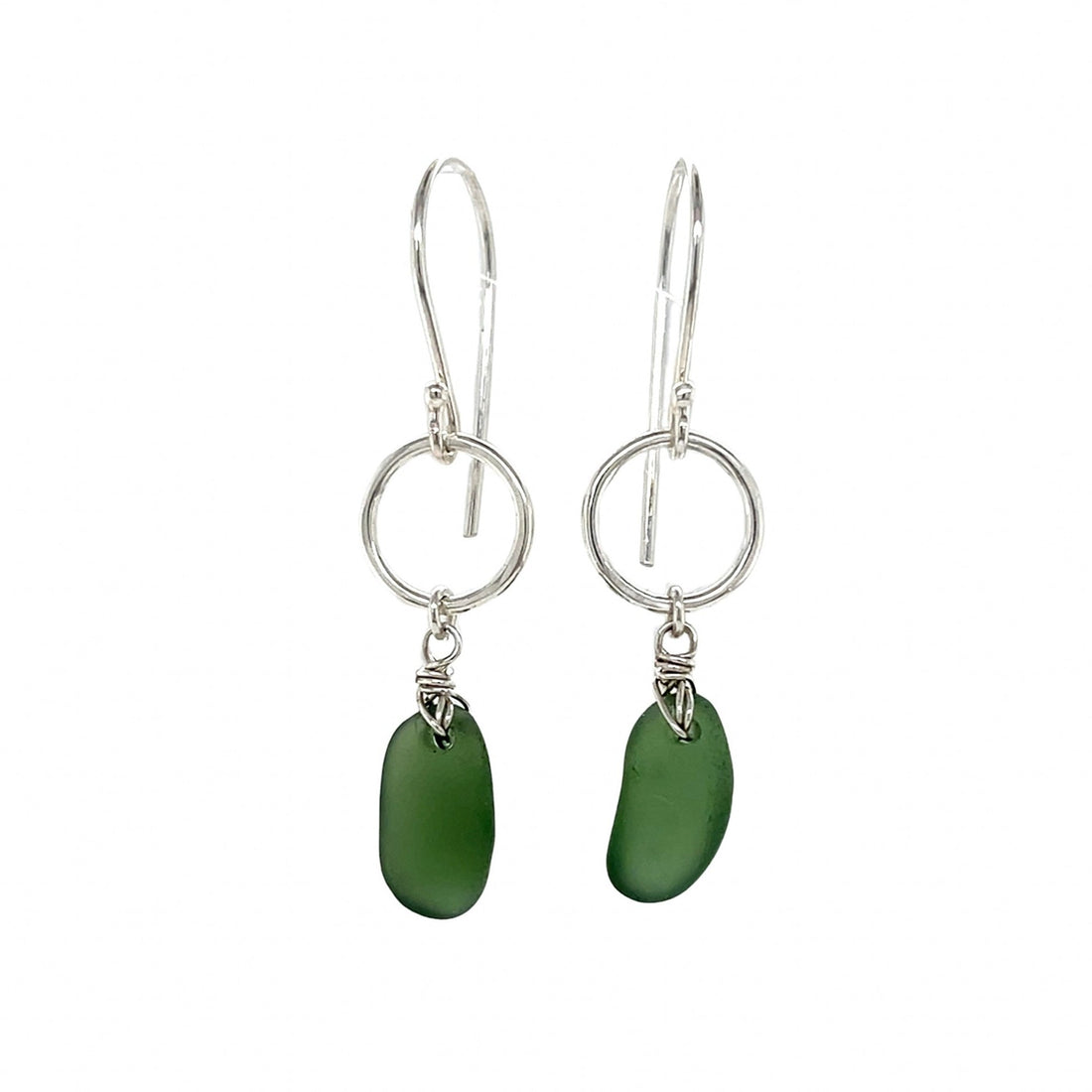 Green Sea Glass Silver Circle Earrings