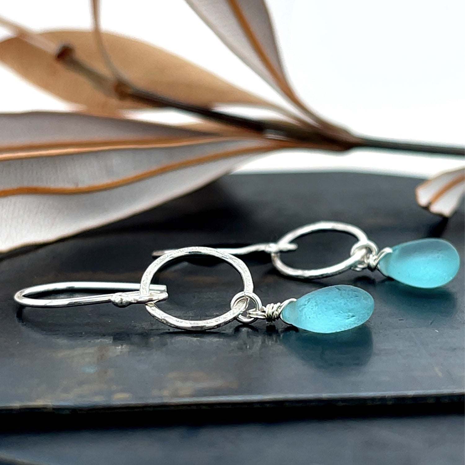 Turquoise Sea Glass Silver Circle Earrings
