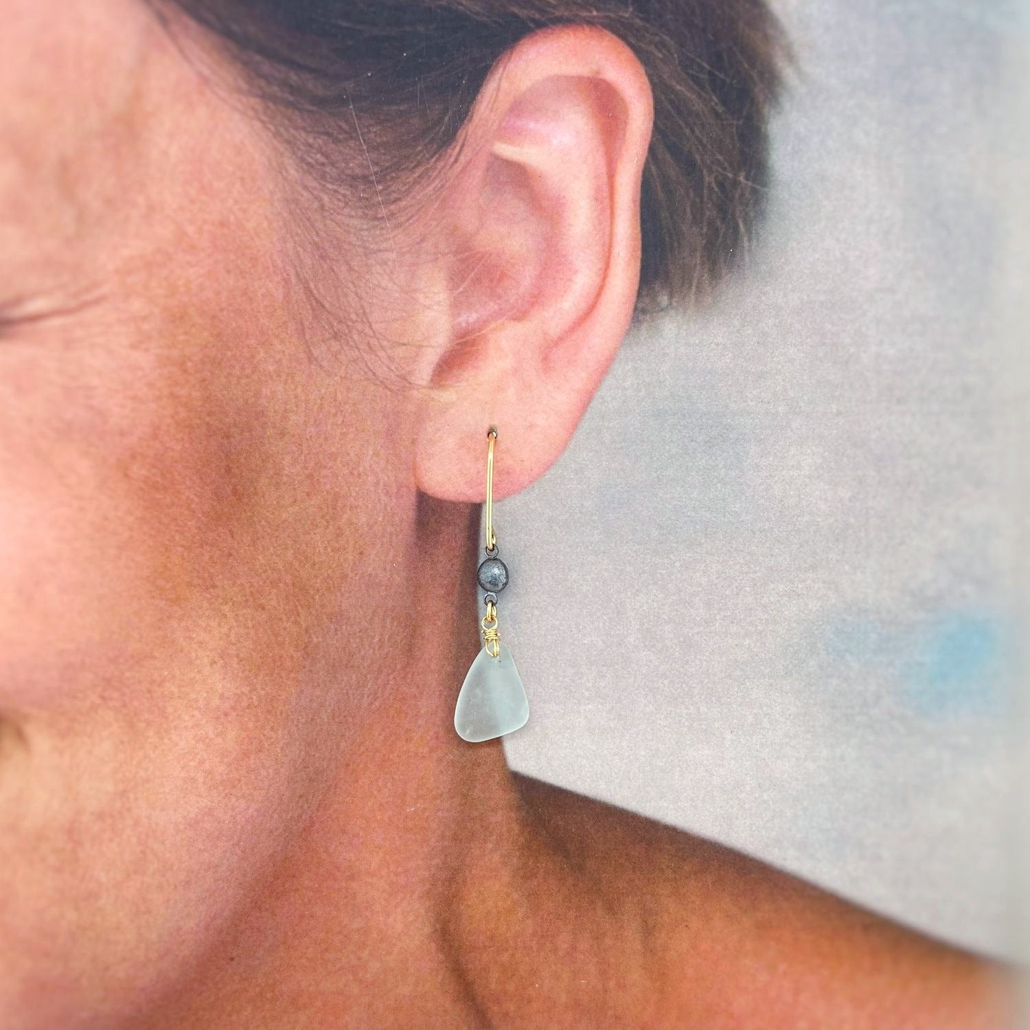 Pale Aqua Sea Glass Gold Chandelier Earrings