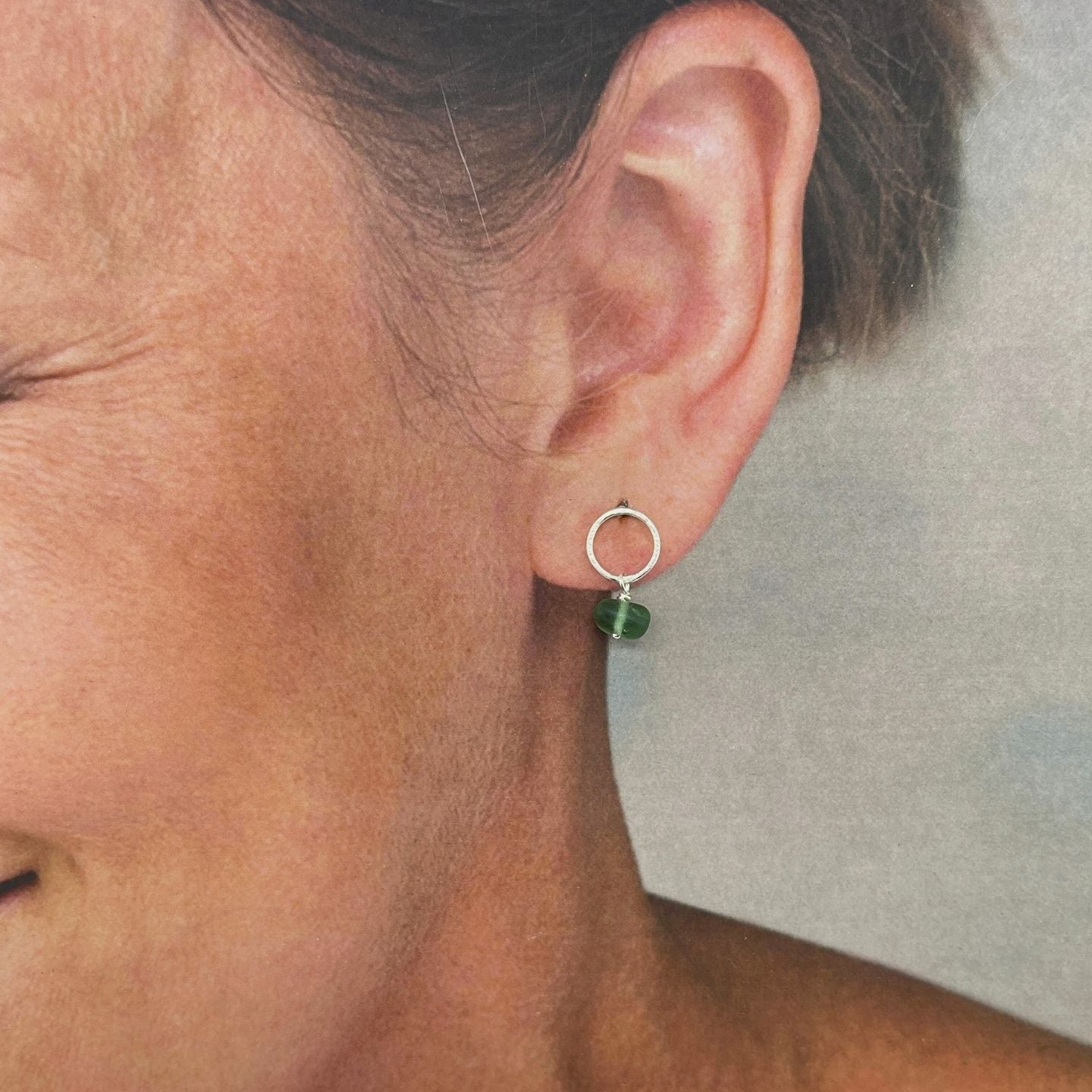 Green Sea Glass Stud Silver Earrings