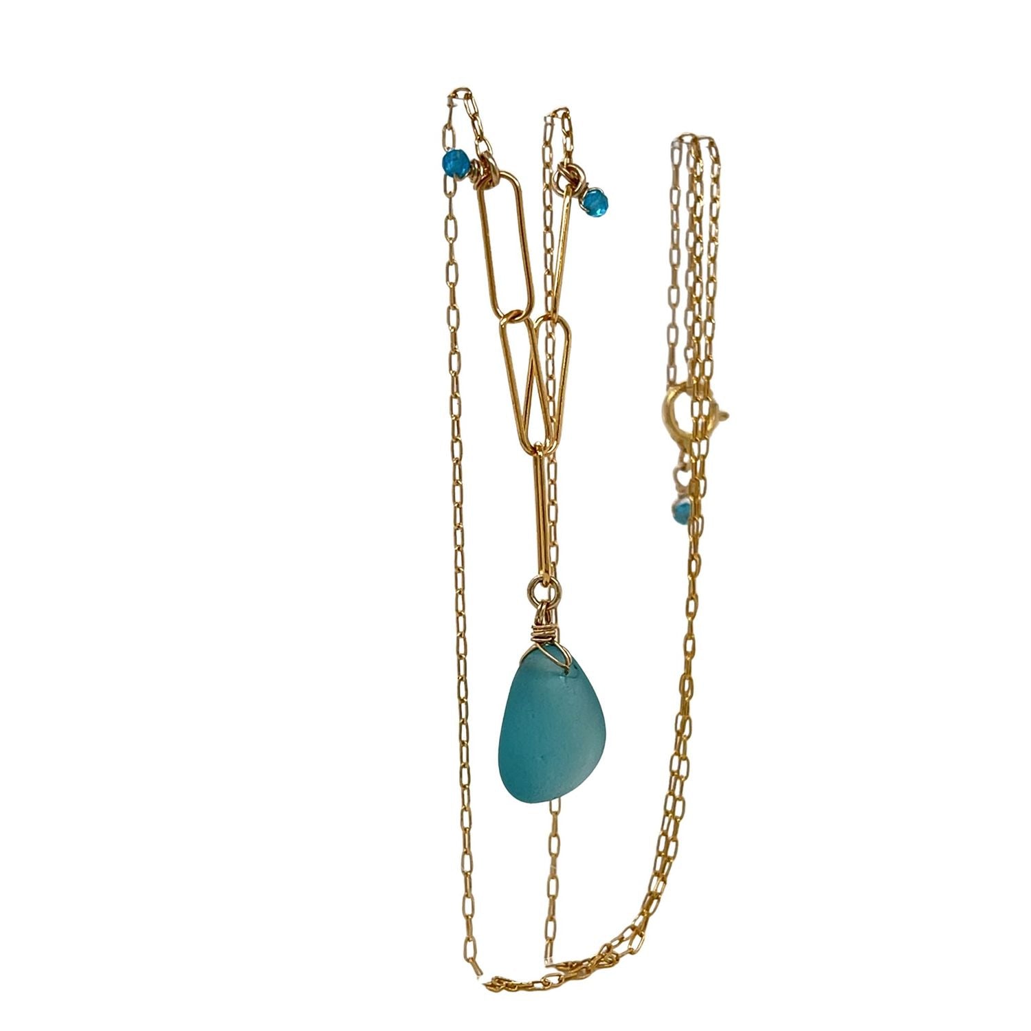 Handcrafted turquoise sea glass necklace with gold links