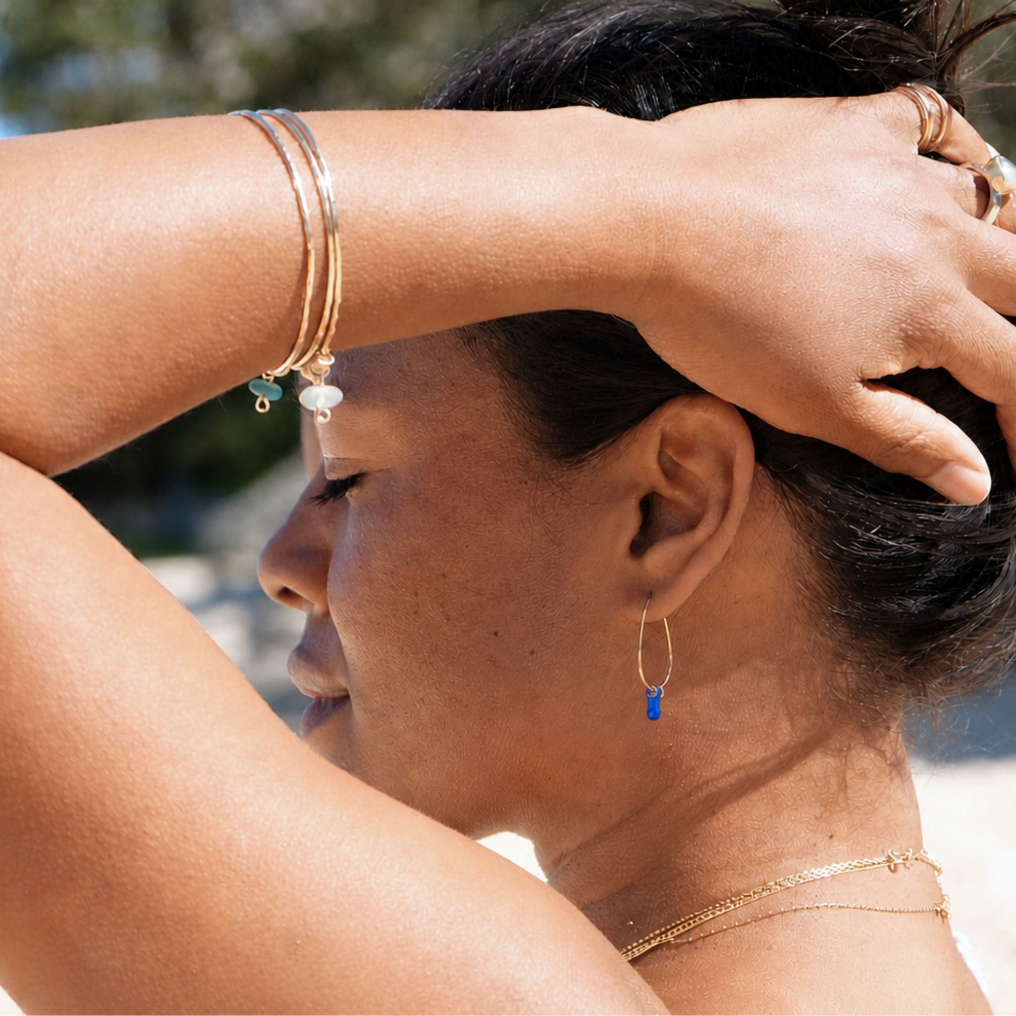 Blue Sea Glass Gold Hoop Earrings