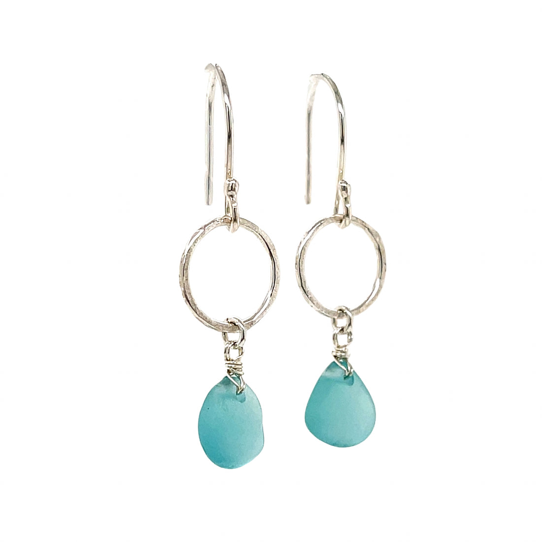 Turquoise Sea Glass Silver Circle Earrings