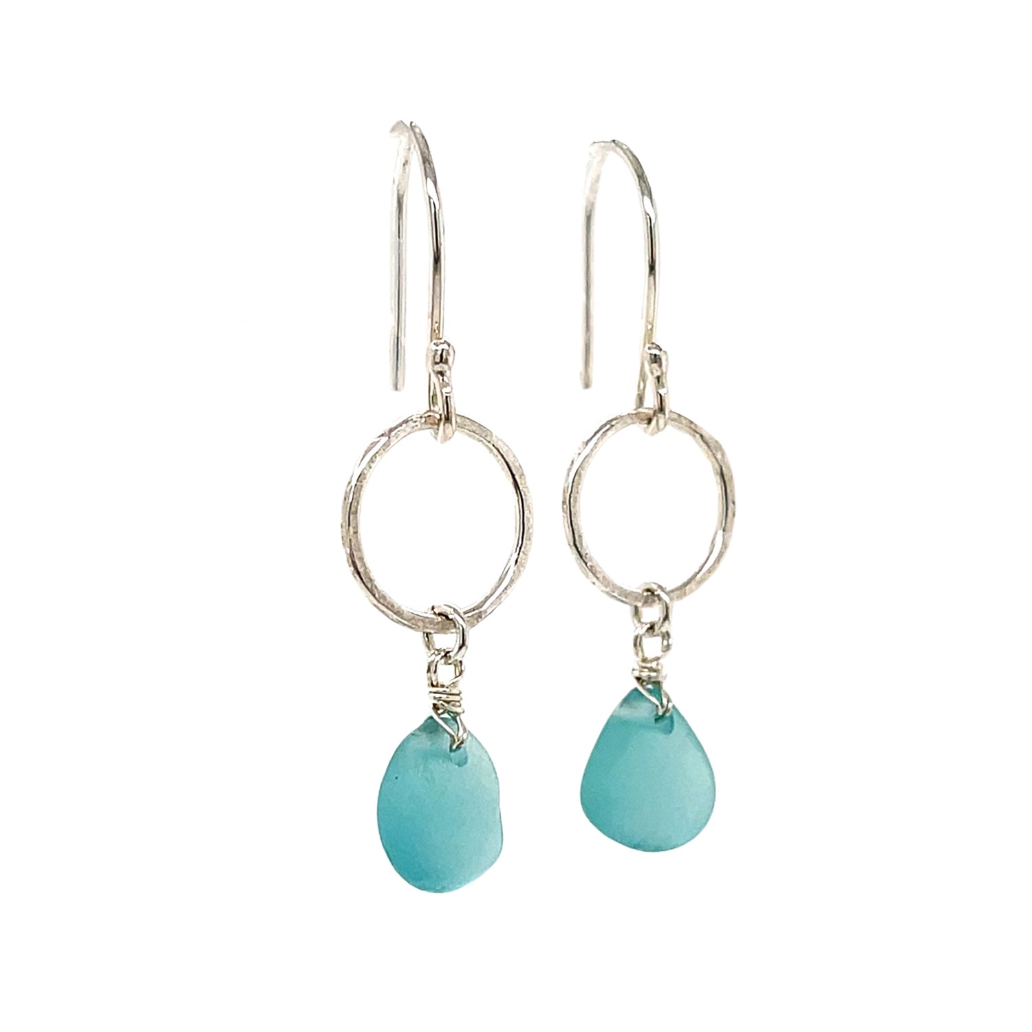 Turquoise Sea Glass Silver Circle Earrings